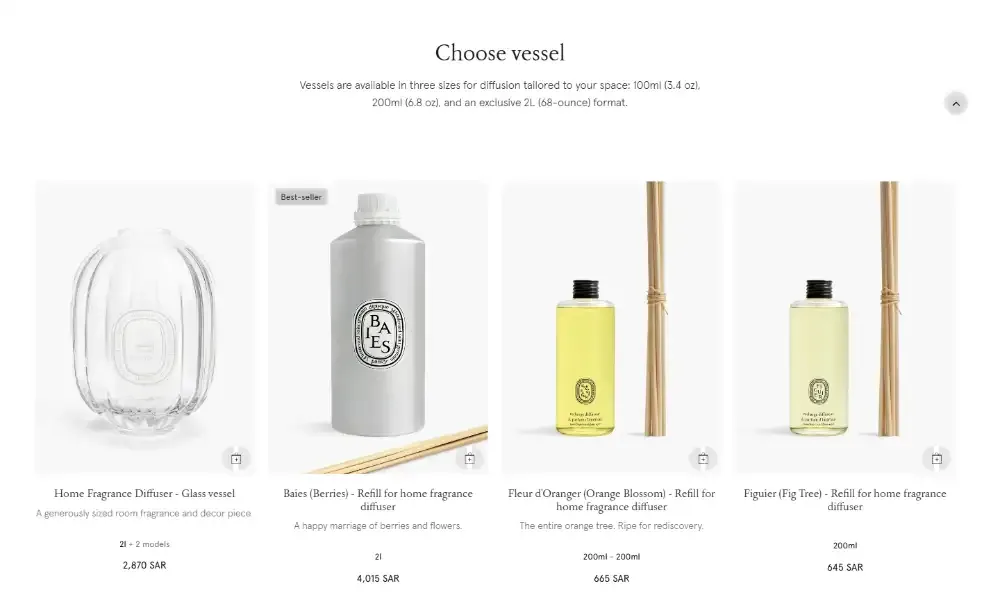 Boutique Diptyque KSA : une sélection de produits avec leurs prix en riyals saoudiens.